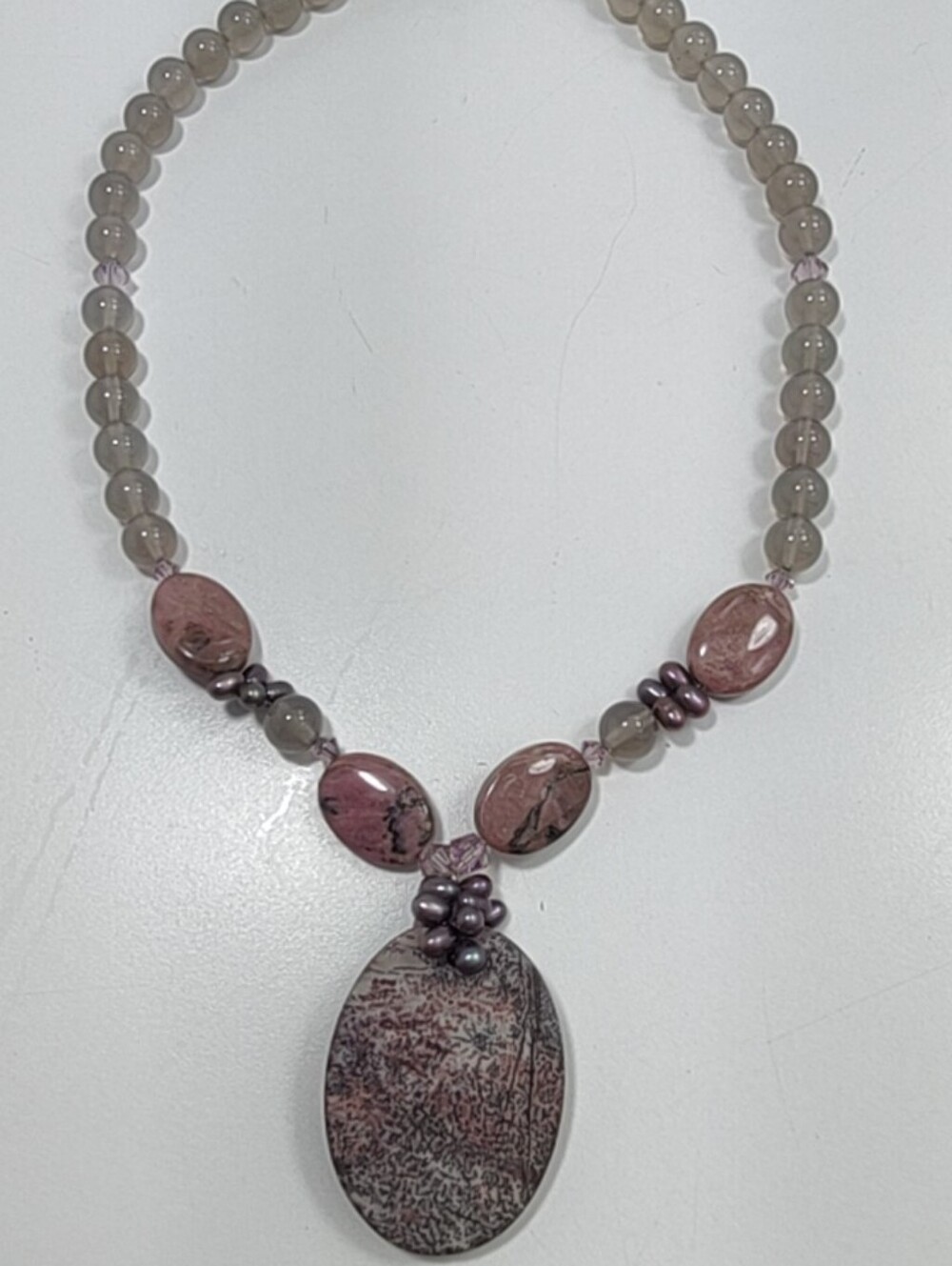 Handcrafted Natural Stone Beaded Necklace Mauve Pink Gray Statement Pendant